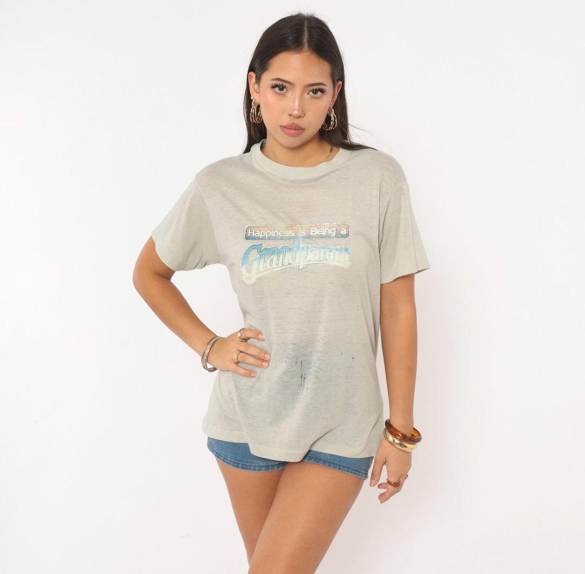 80s Grandparent Graphic Tee Grey Glitter Puff Print Cotton Small