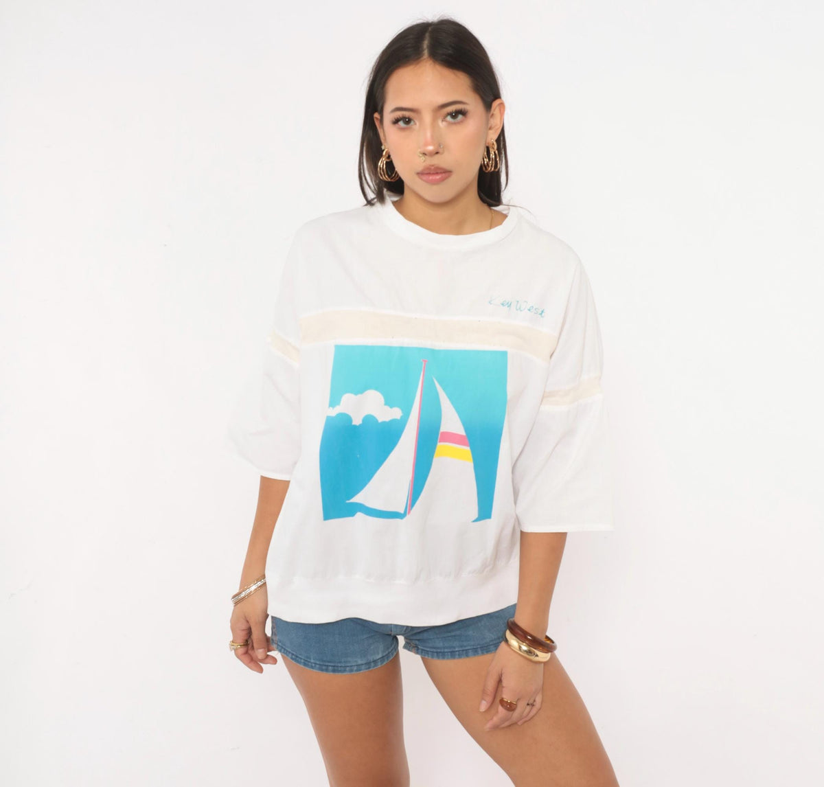 80s Raz Key West Sailboat Graphic Tee White Three Quarter Sleeve Large