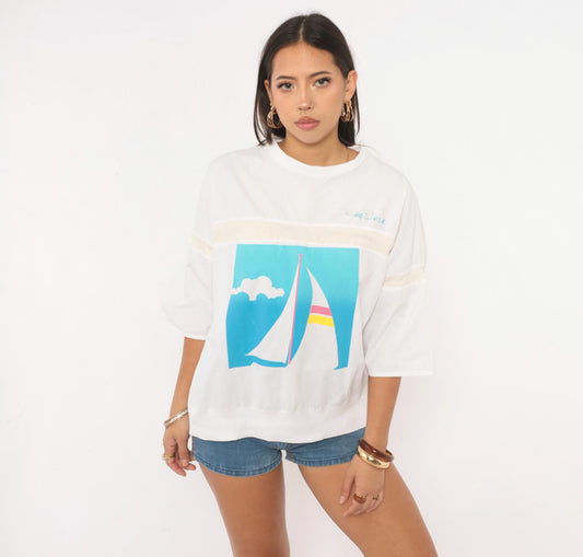 80s Raz Key West Sailboat Graphic Tee White Three Quarter Sleeve Large