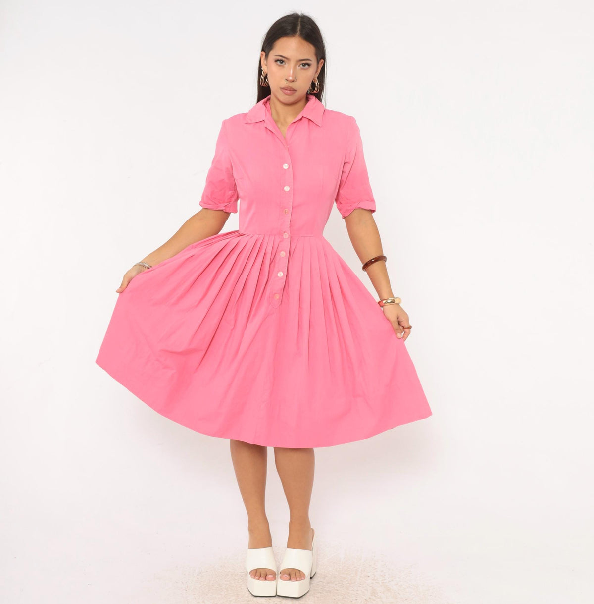 60s Pink Cotton Shirtdress Knife Pleated Knee-Length Button Front Small
