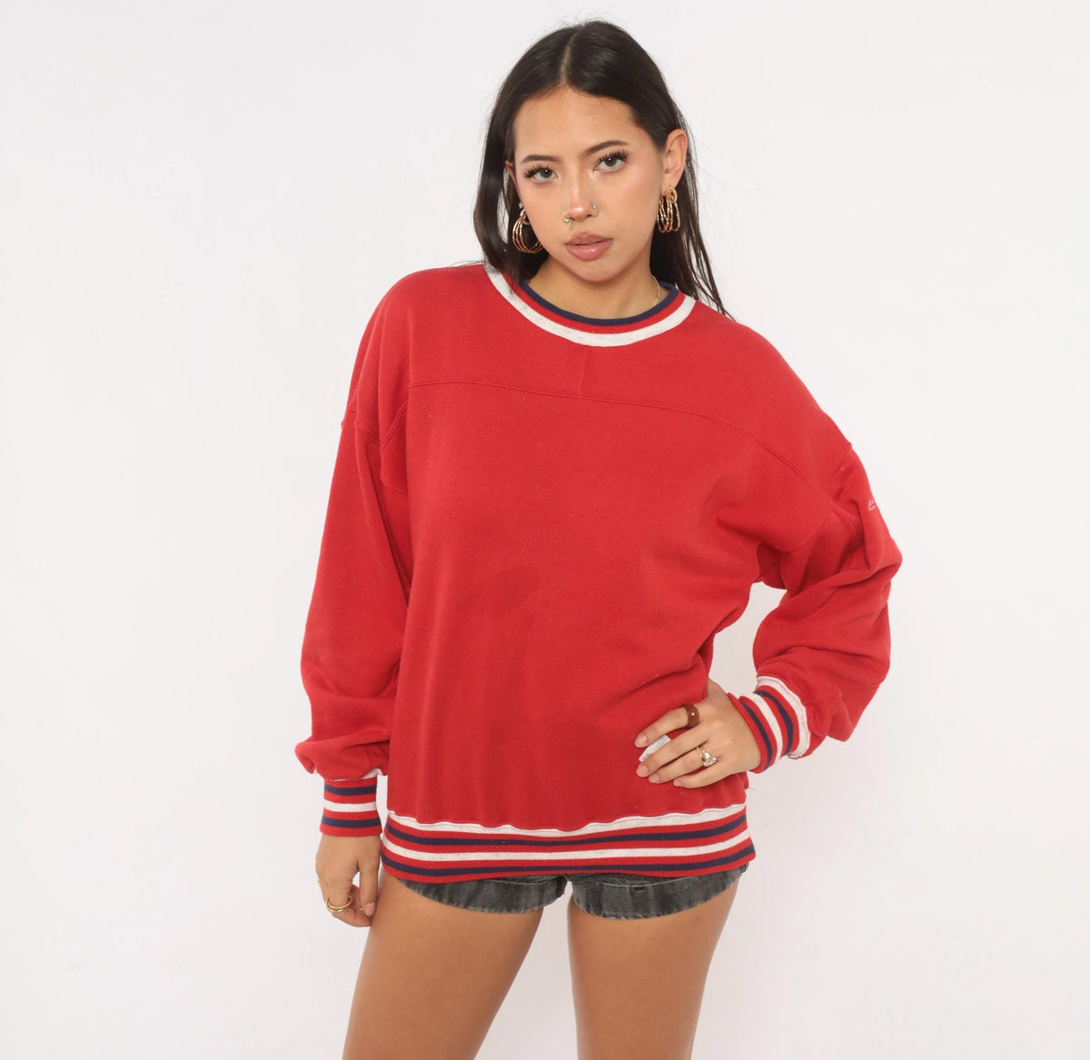 90s Red Crewneck Sweatshirt Striped Rib Trim Navy White Cotton Medium