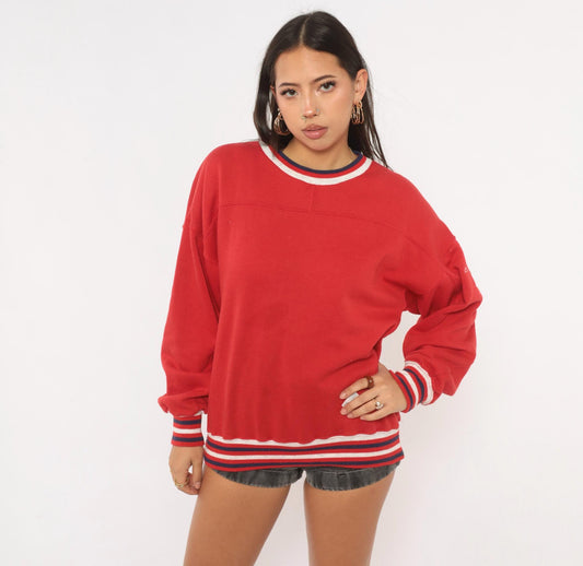 90s Red Crewneck Sweatshirt Striped Rib Trim Navy White Cotton Medium
