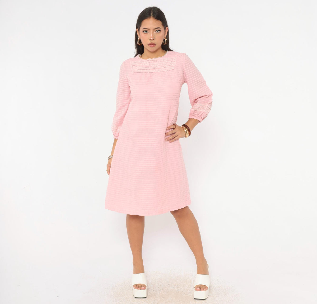 60s Pink Shift Dress White Crochet Lace Trim Puff Sleeve Knee Length Medium