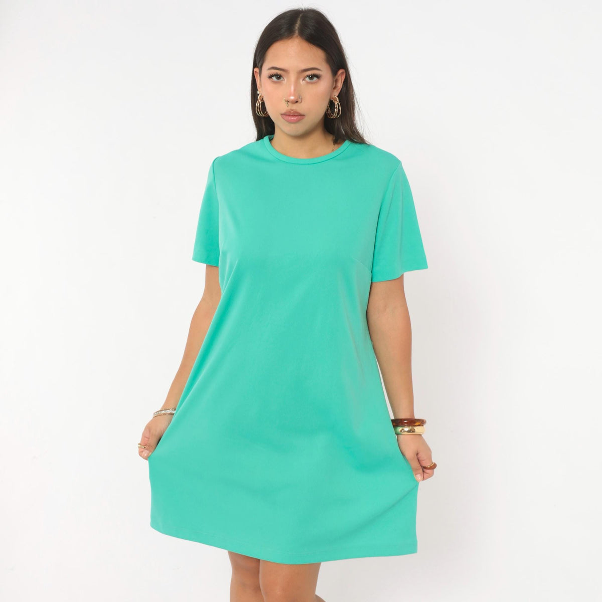 70s Teal Shift Dress A-Line Crew Neck Short Sleeve Solid Green Large