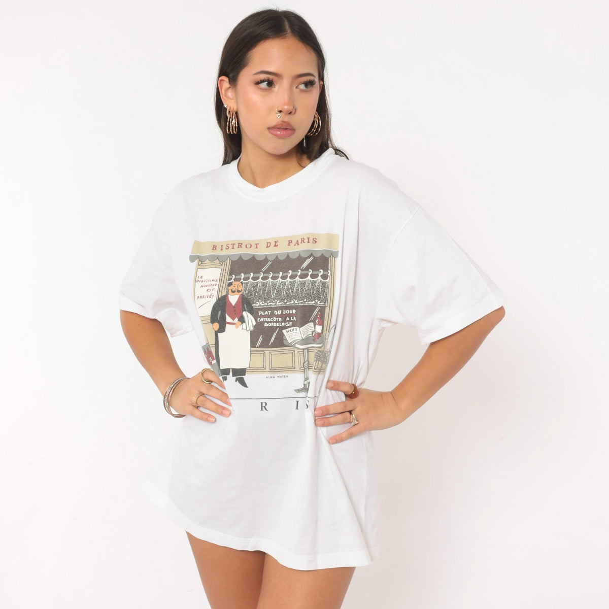 Y2K Alma Mater Paris Bistro Graphic Tee White Cotton Crew Neck Large L