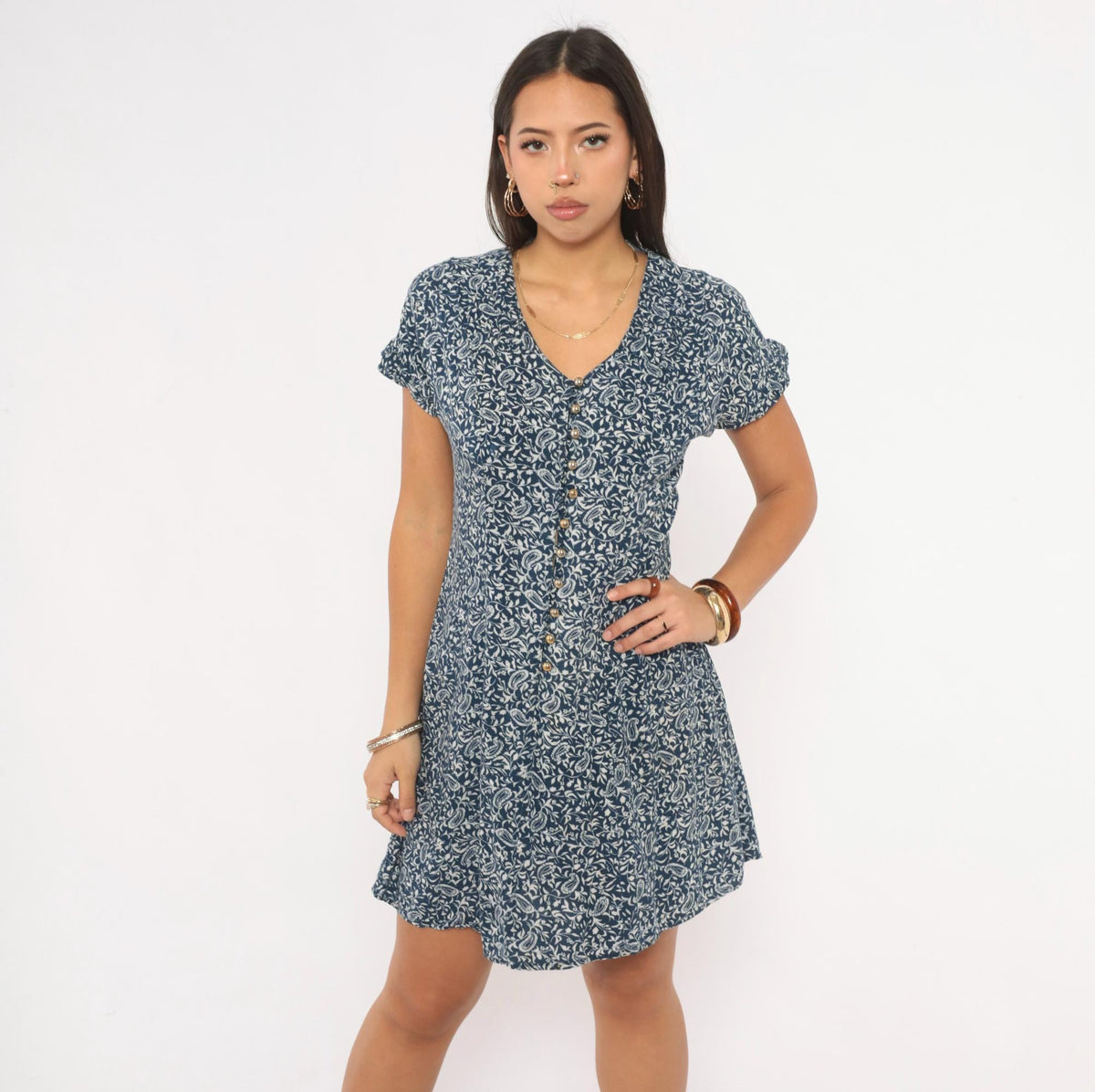 90s Caroline Wells Navy Paisley Floral Dress Button Front V Neck Medium M