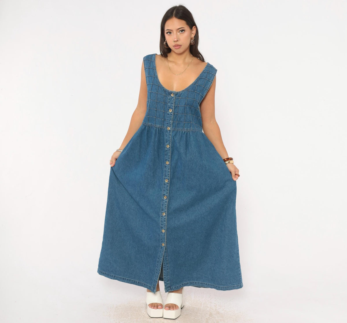 90s TY Original Wear Denim Jumper Dress Navy Cotton Quilted Bodice Plus Size 2X