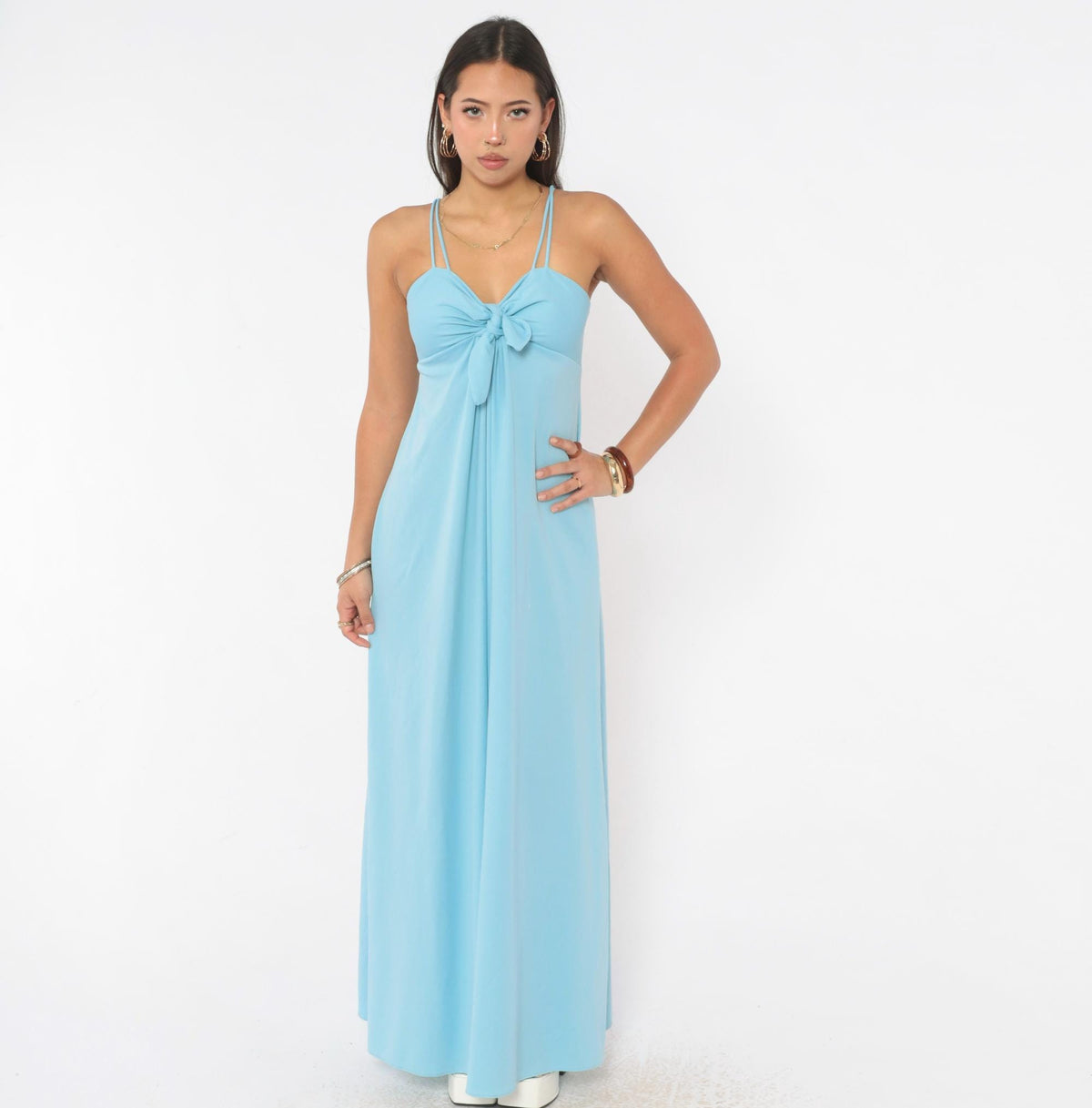 70s Light Blue Maxi Dress Empire Waist Tie Front Spaghetti Strap Extra Small