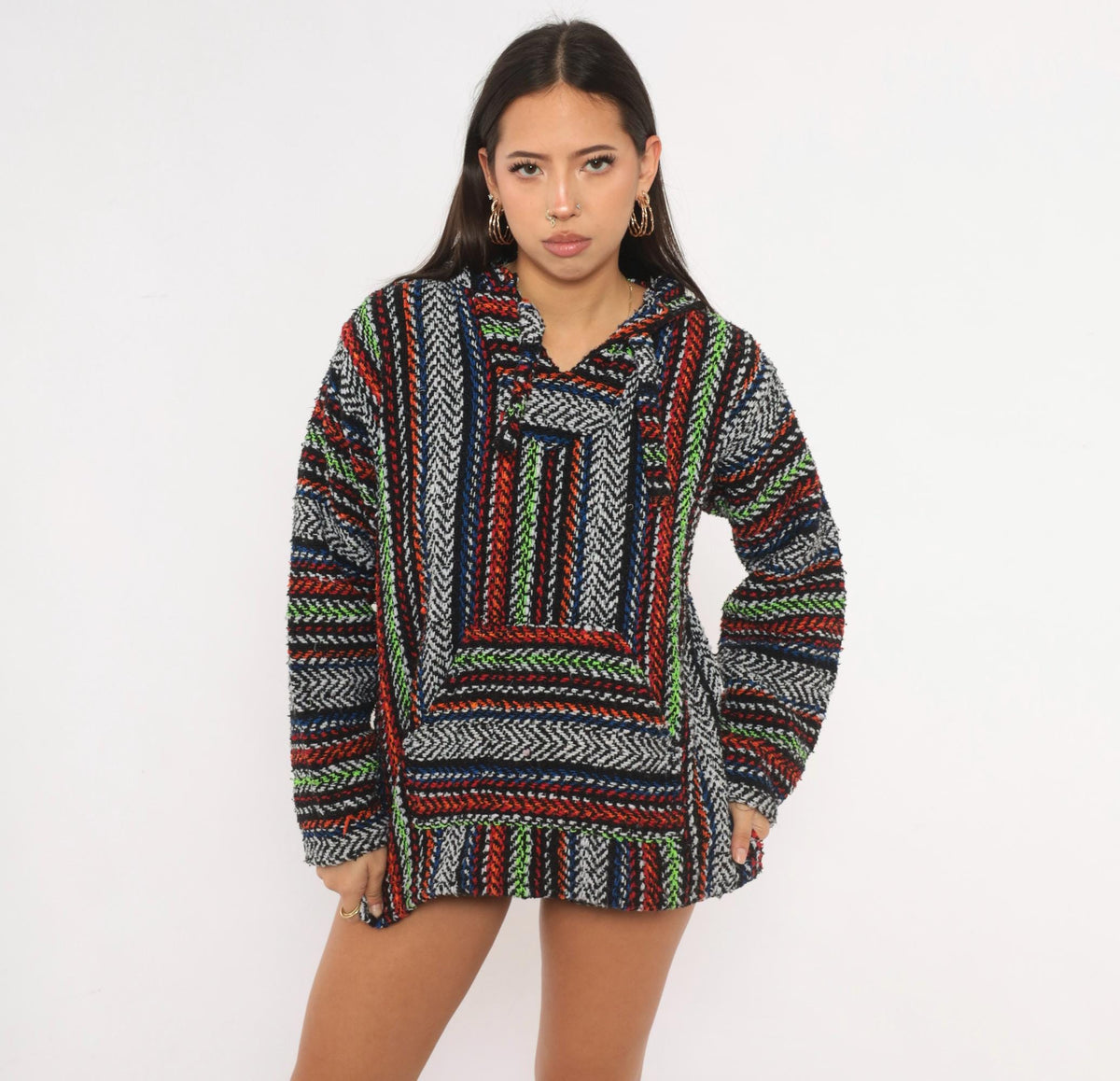 90s Earth Ragz Baja Hoodie Striped Black White Neon Green Small