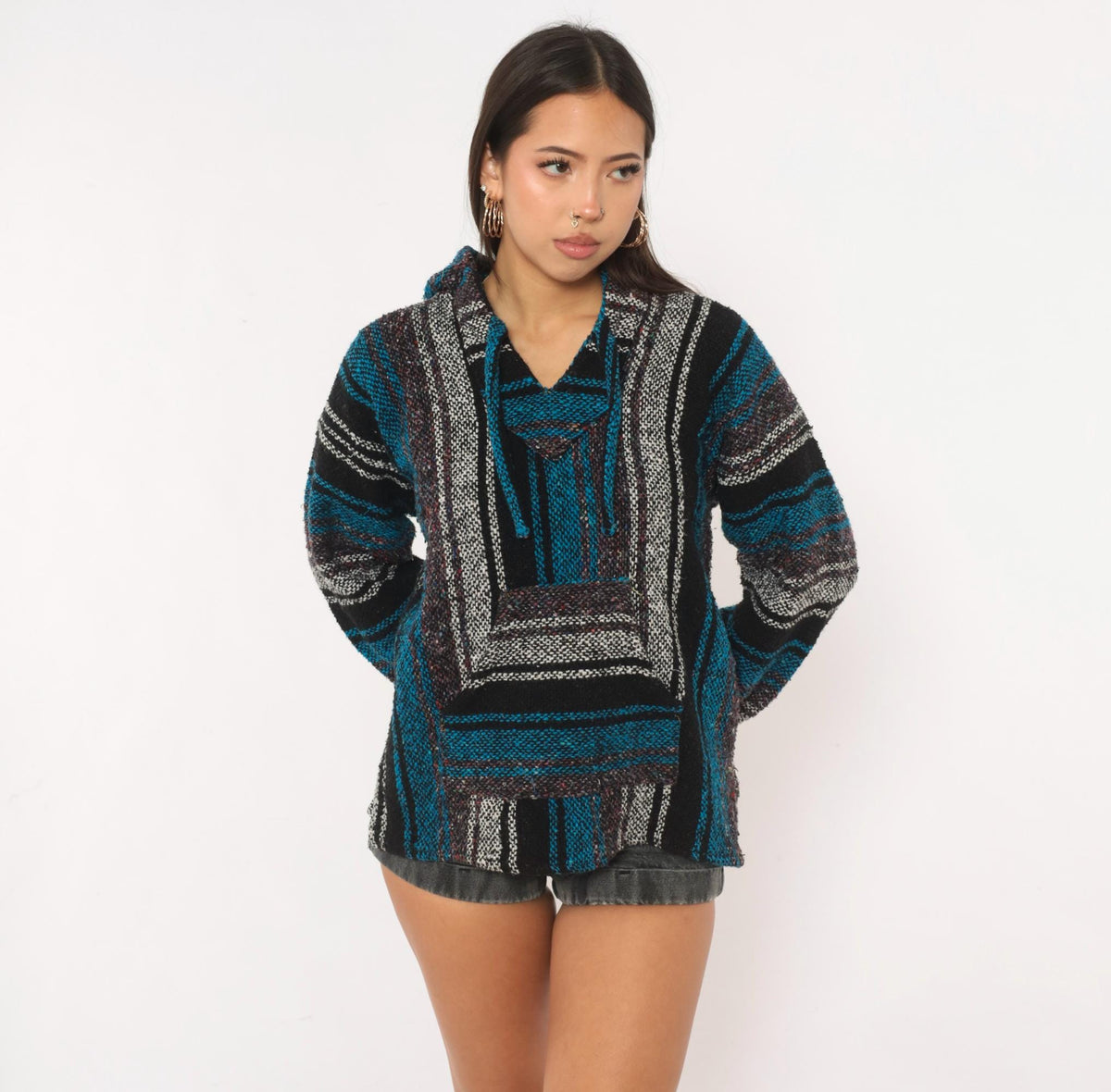 90s Sandy Baja Hoodie Black Teal Striped Woven Pullover Medium