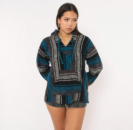 90s Sandy Baja Hoodie Black Teal Striped Woven Pullover Medium