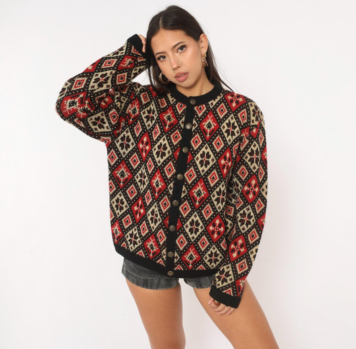 60s Jersild Wool Cardigan Black Red Cream Fair Isle Diamond Medium