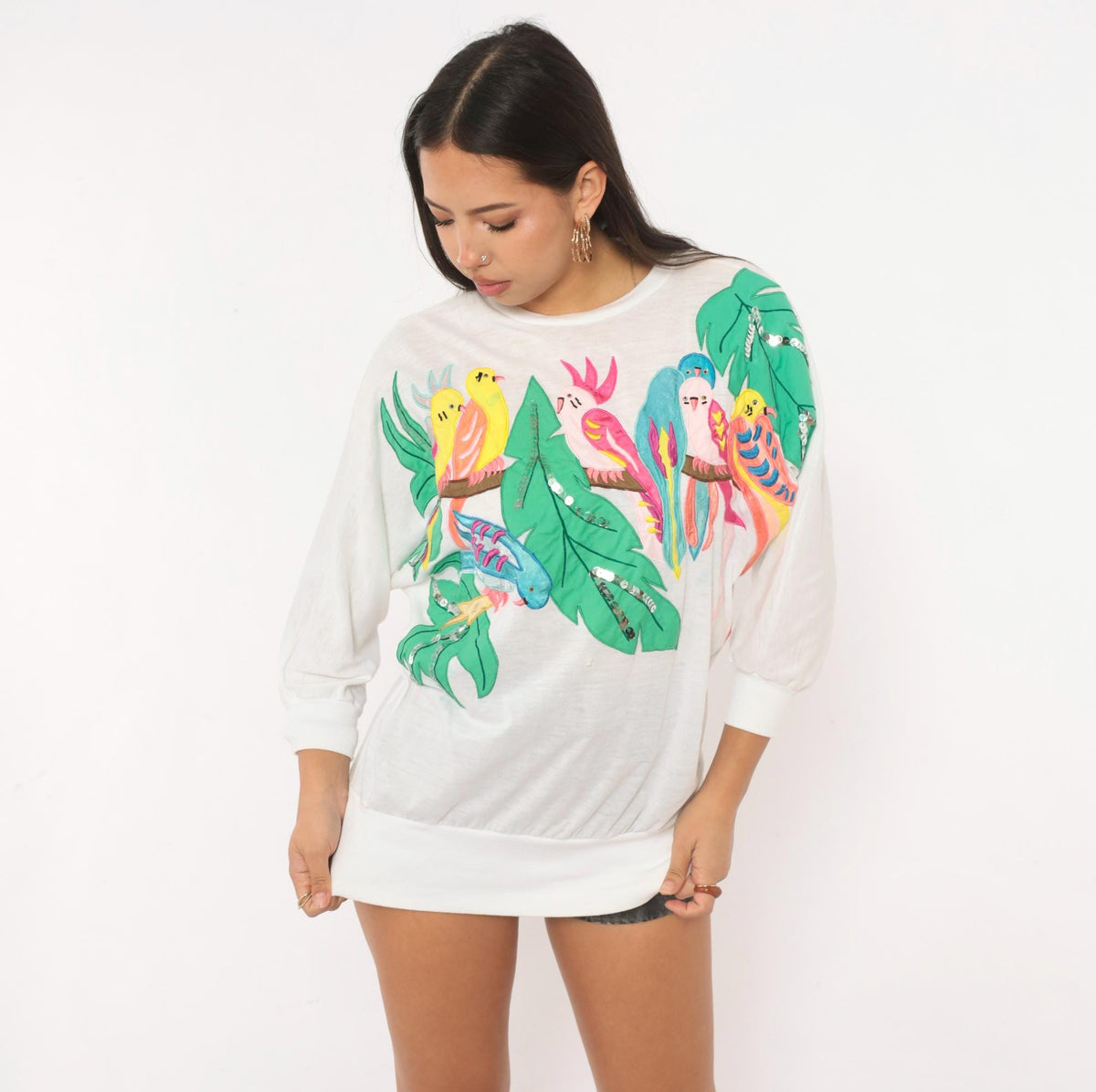 90s Bonnie Boerer Tropical Bird Applique Tee White Cotton Dolman Medium