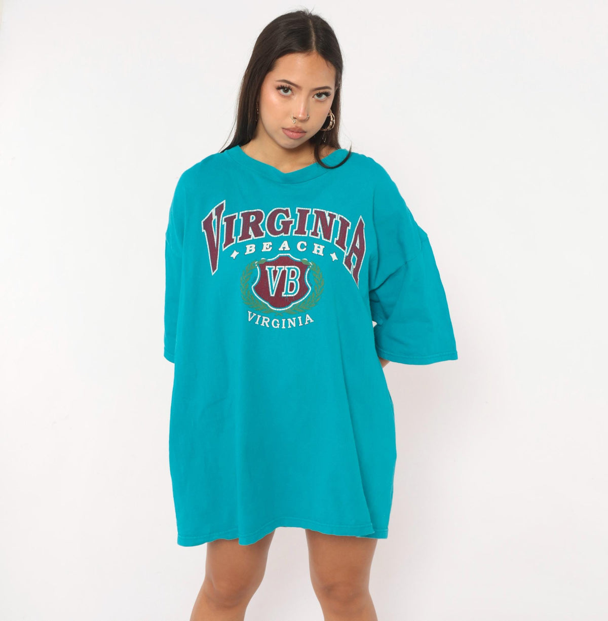 90s Virginia Beach Teal Souvenir Tee Cotton Burgundy Graphic Plus Size XXL