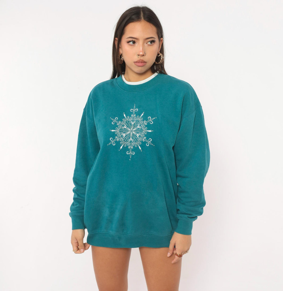 90s M&C Sportswear Teal Snowflake Embroidered Sweatshirt Beaded Crewneck Large L