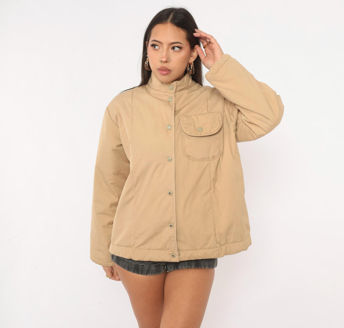 80s Avon Beige Snap Front Insulated Jacket Navy Lined Small