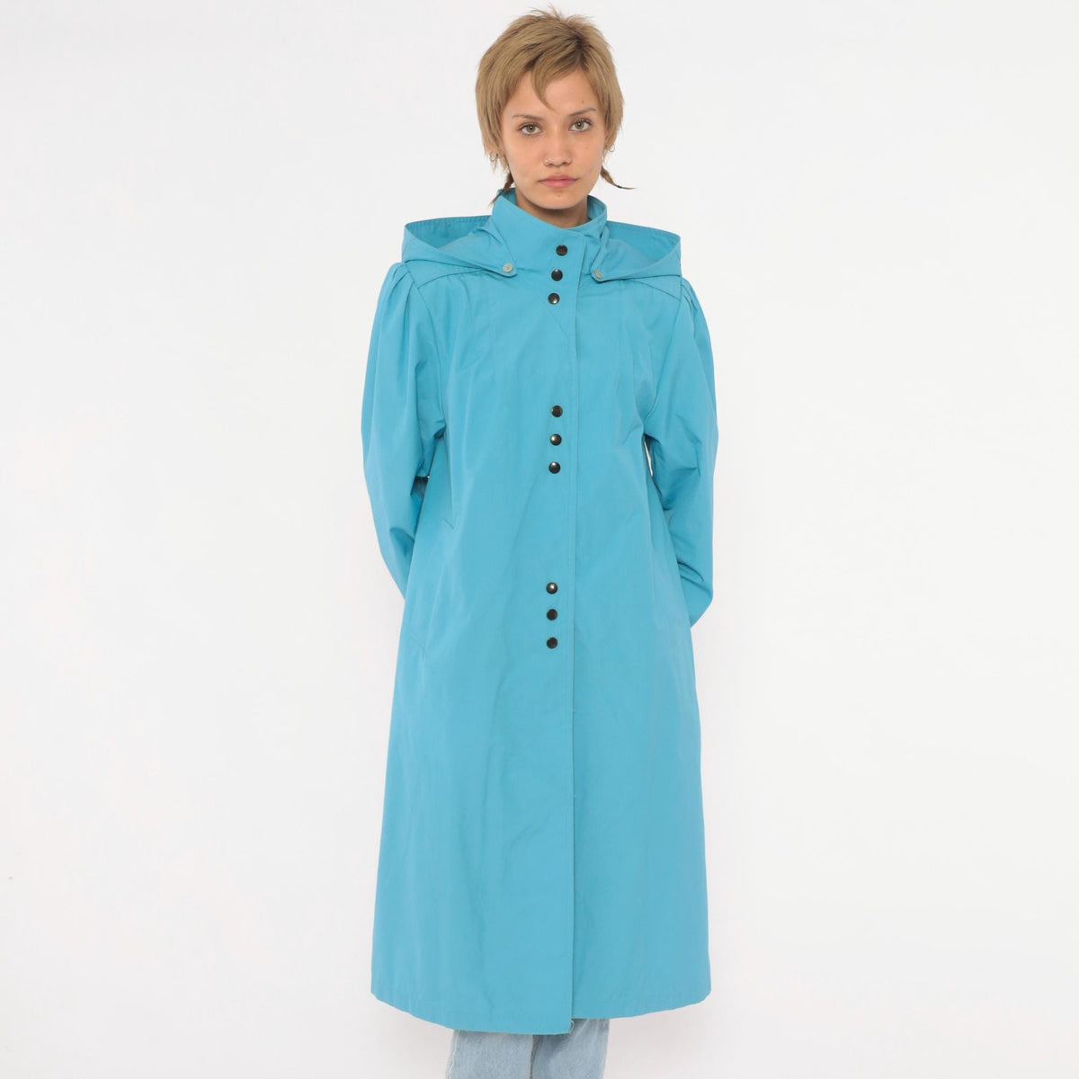 70s Blue Hooded Raincoat Snap Front Trench Puff Sleeve Medium