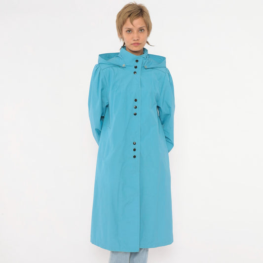 70s Blue Hooded Raincoat Snap Front Trench Puff Sleeve Medium