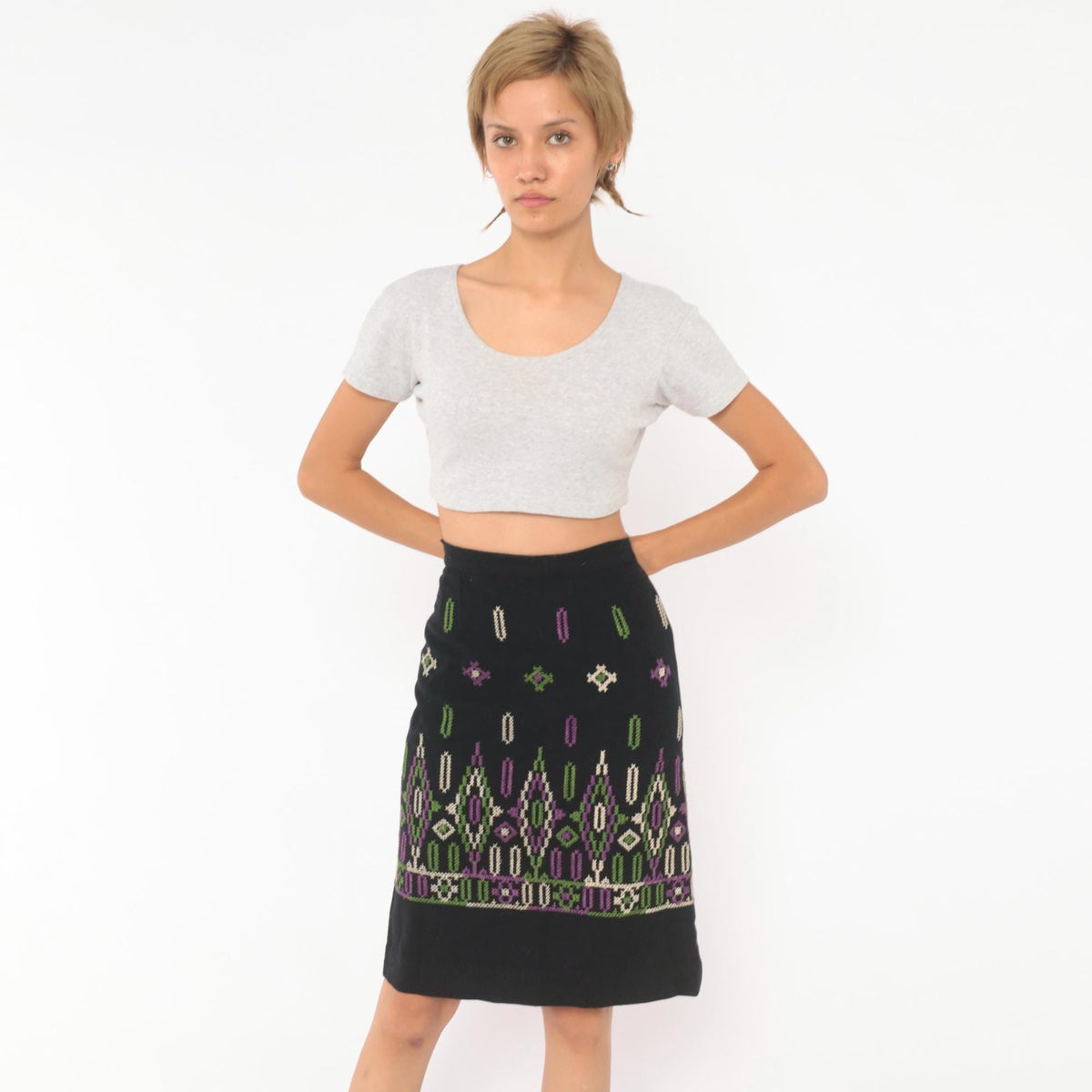 60s Black Wool Embroidered A-Line Skirt Purple Green Cross Stitch Extra Small XS