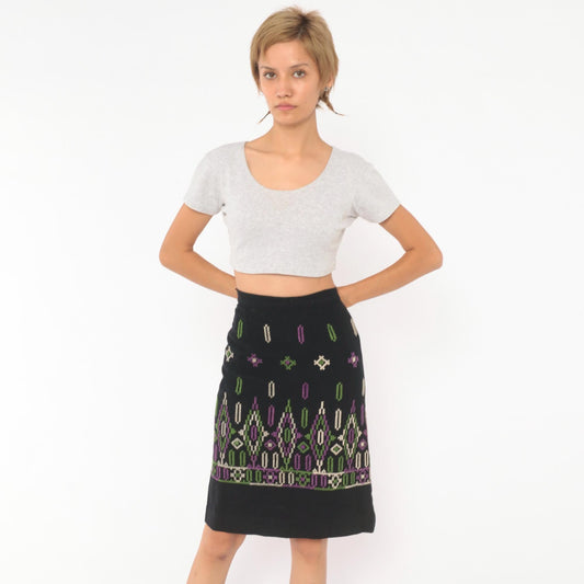 60s Black Wool Embroidered A-Line Skirt Purple Green Cross Stitch Extra Small XS