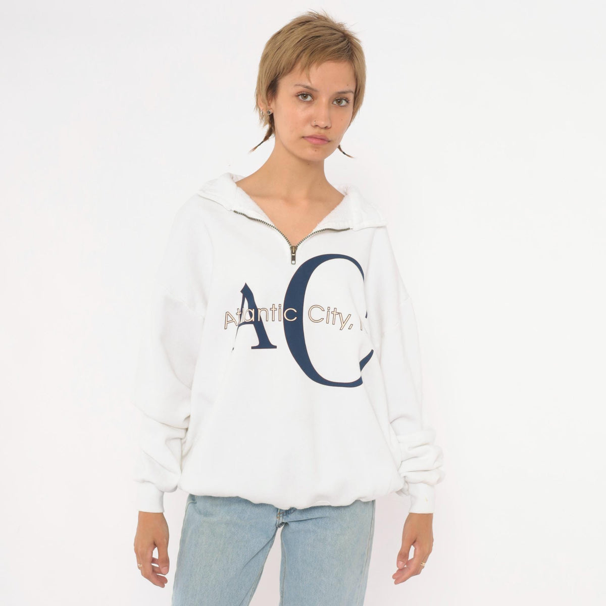 90s Jerzees Atlantic City Quarter Zip Sweatshirt White Navy Graphic Extra Large XL