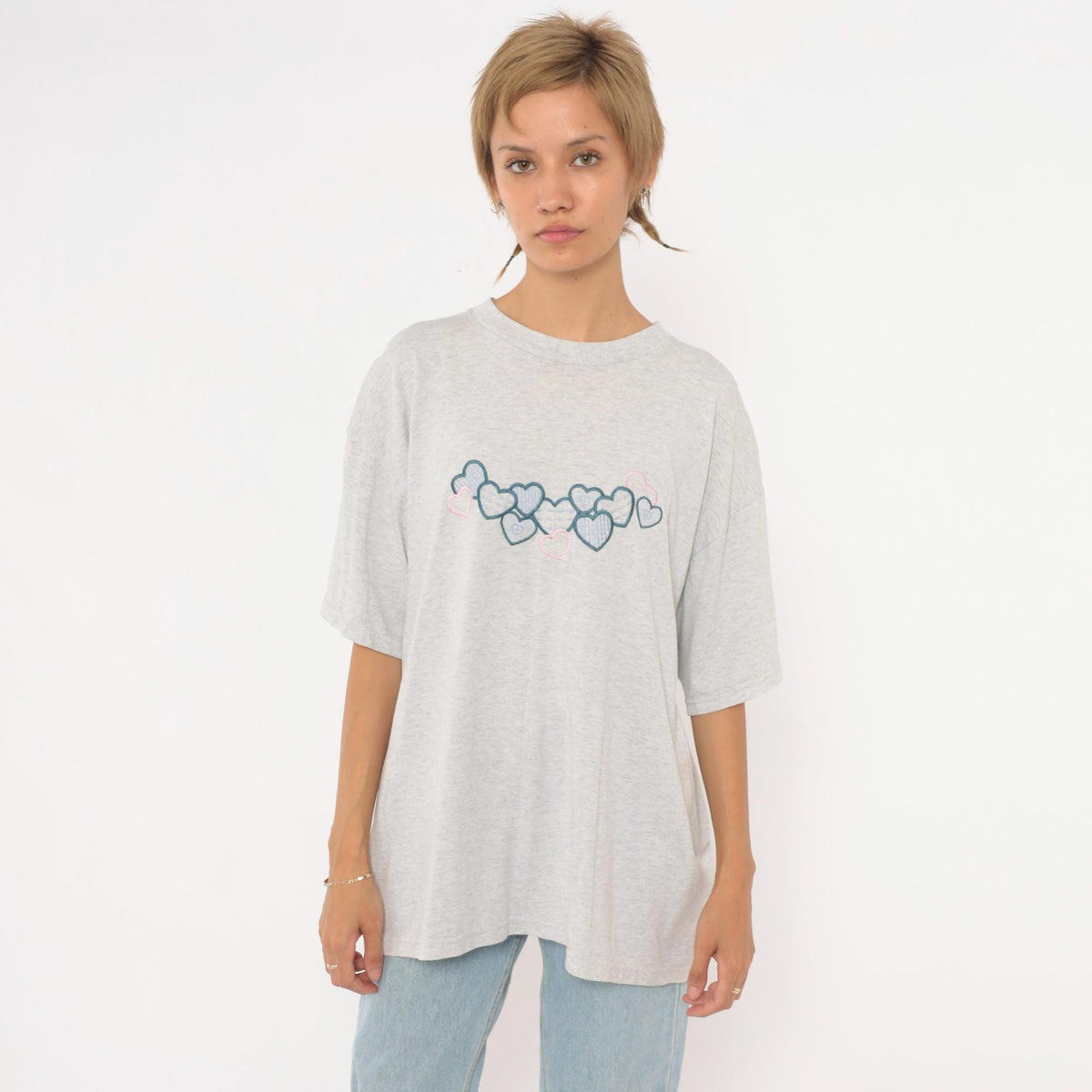 90s Fruit of the Loom Heart Embroidered T-Shirt Grey Cotton Blend Extra Large XL