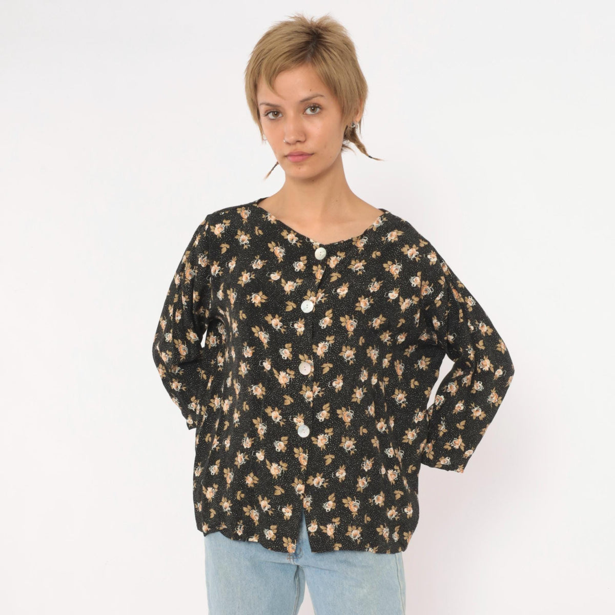 90s Black Floral Rose Print Button-Front Blouse Cream Tan Large L