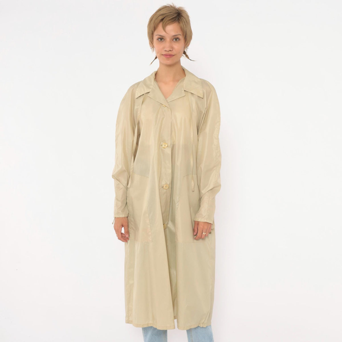 80s Aqua Sheen Cream Nylon Trench Coat Pointed Collar Midi Length Medium M