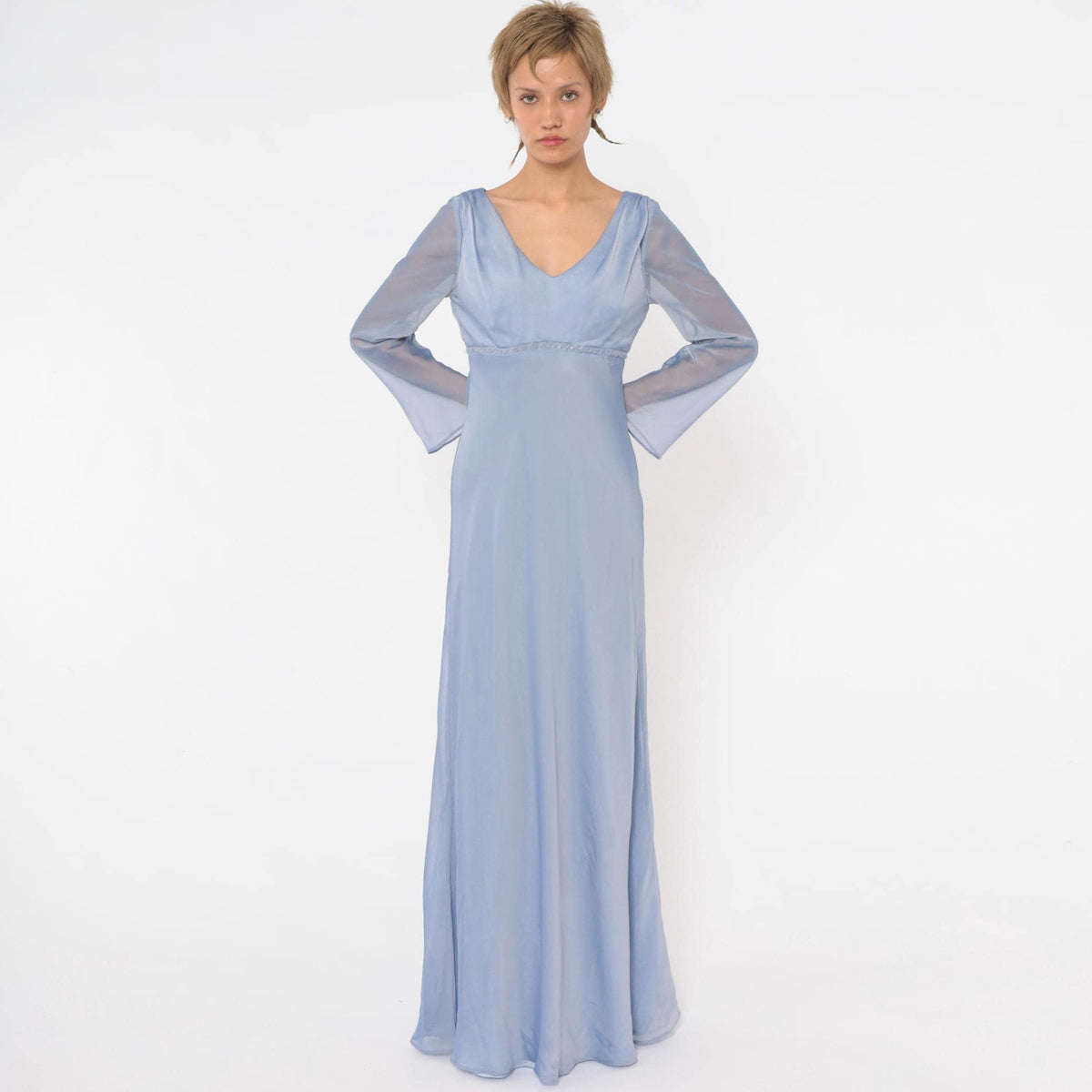 90s Michaelangelo Periwinkle Maxi Dress Empire Waist Beaded V Neck Small