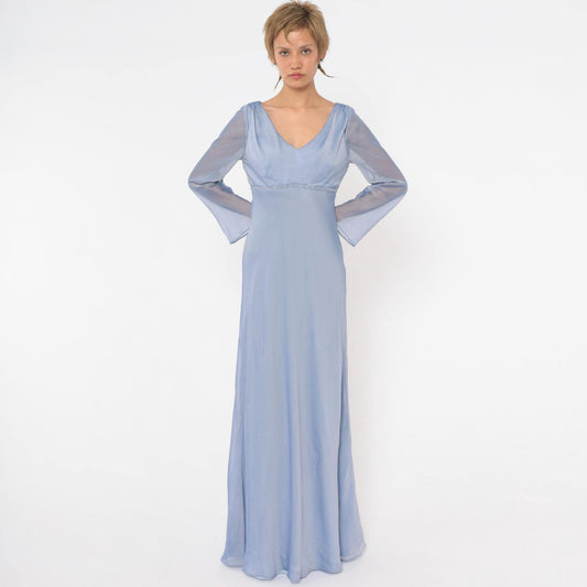 90s Michaelangelo Periwinkle Maxi Dress Empire Waist Beaded V Neck Small