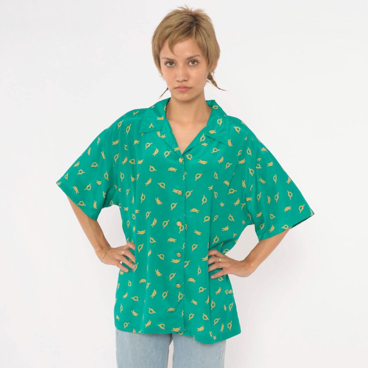 90s Leslie Fay Nautical Knot Print Blouse Teal Camp Collar Large L
