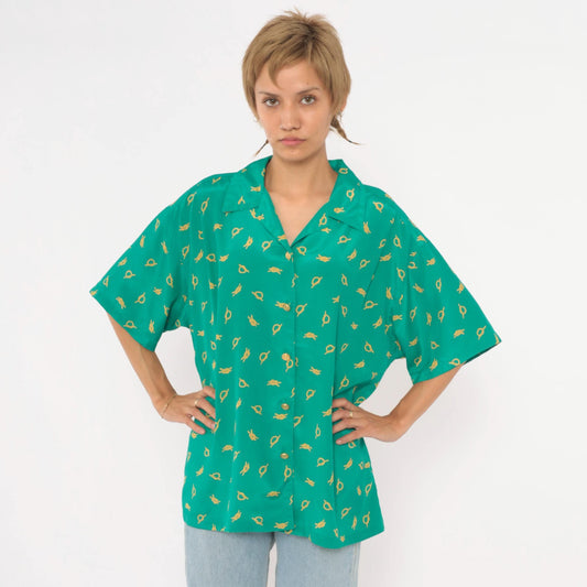 90s Leslie Fay Nautical Knot Print Blouse Teal Camp Collar Large L