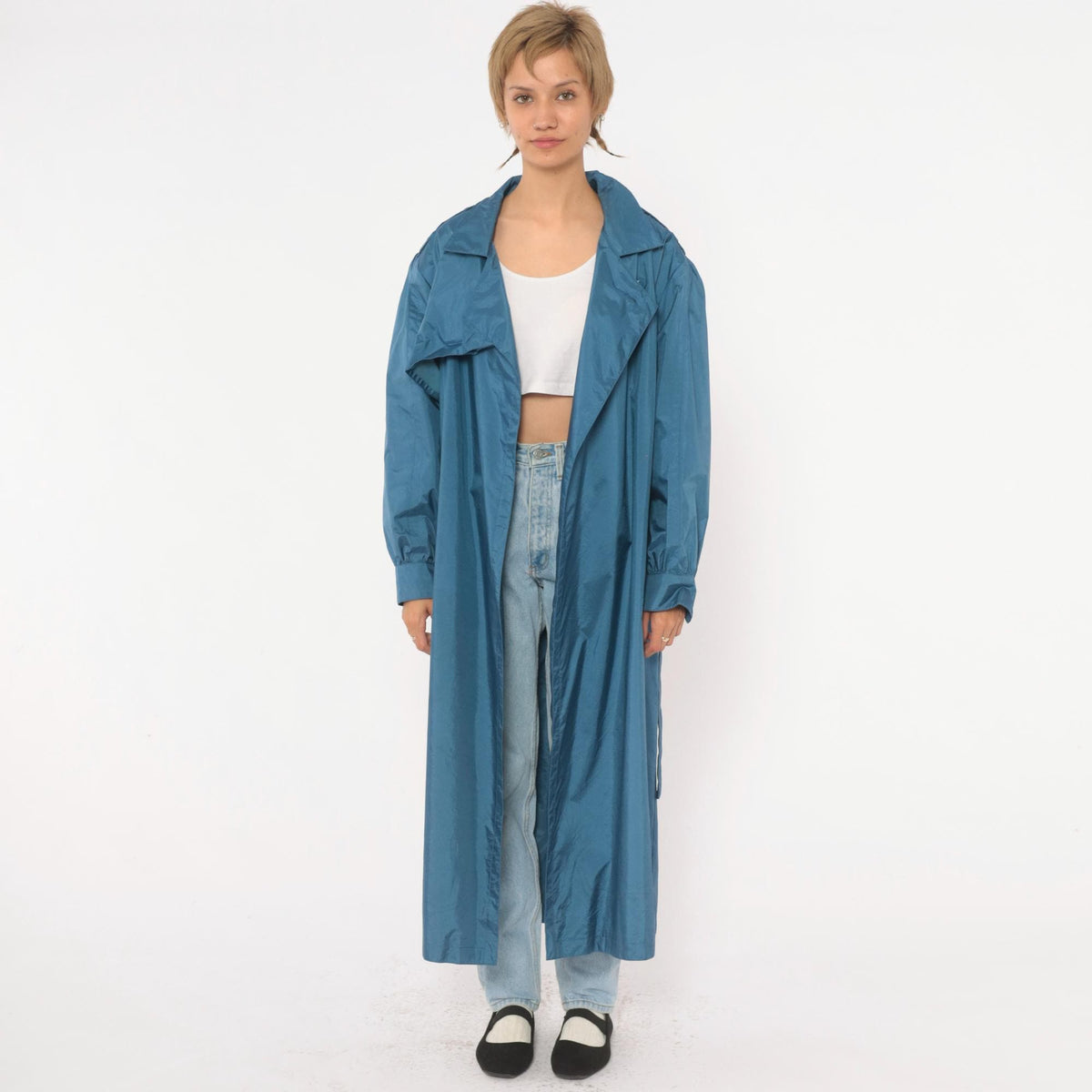 80s J.Gallery Blue Nylon Trench Coat Belted Epaulettes Medium M