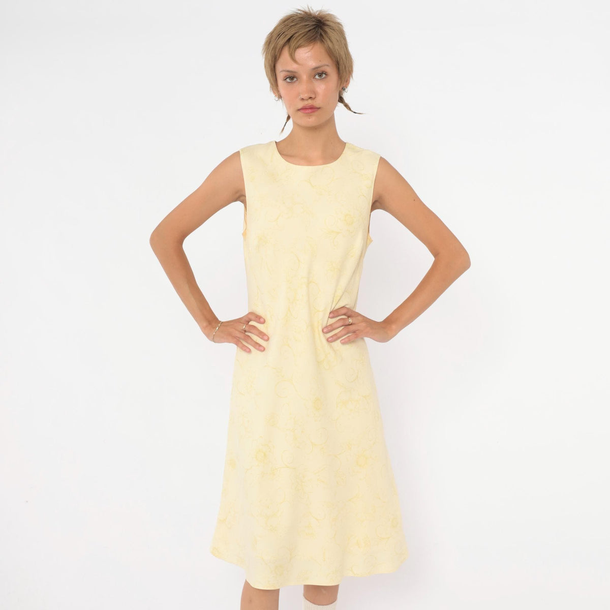 Y2K Tommy Bahama Silk Dress Yellow Floral Sleeveless A-Line Knee Medium M