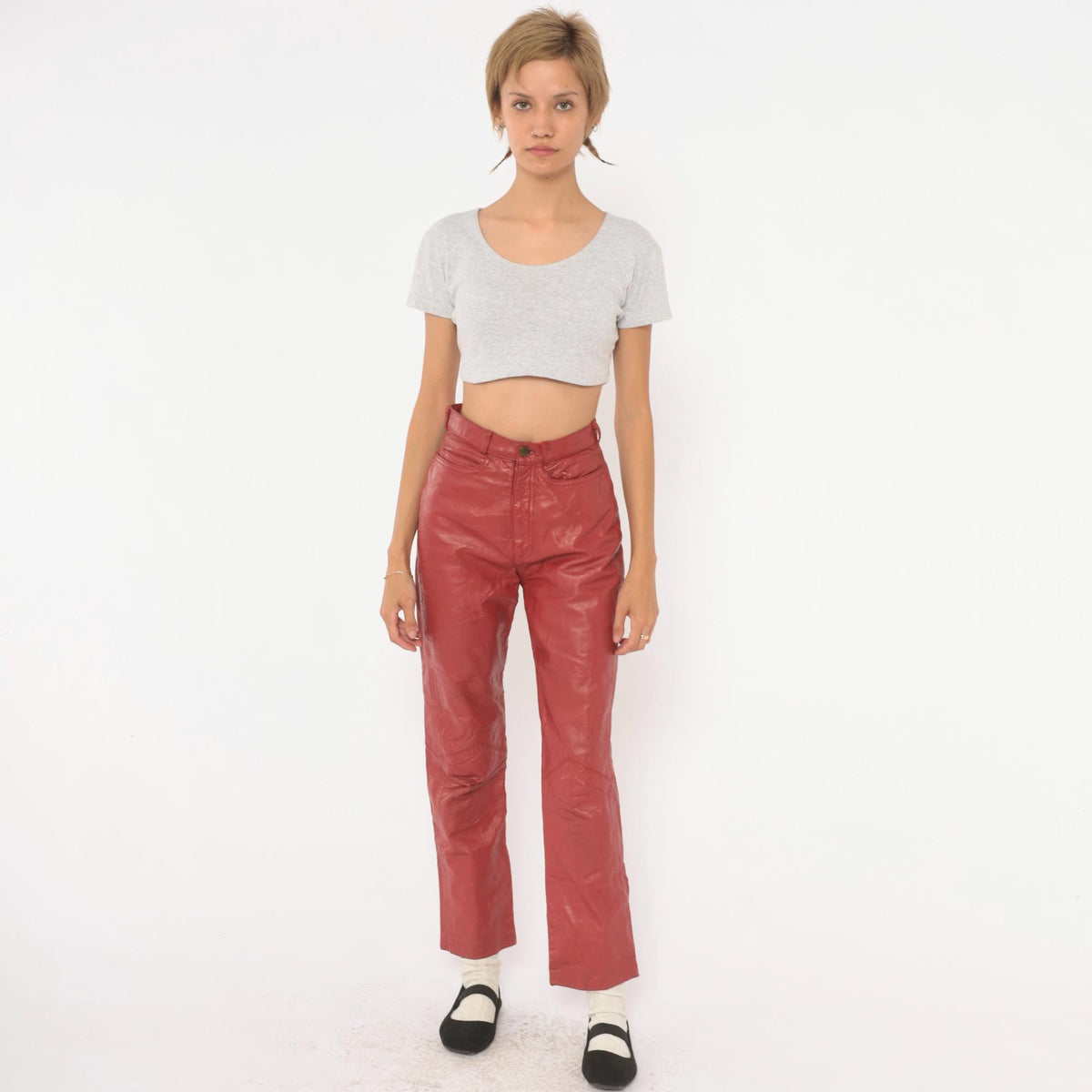 90s Speciale Mode Red Leather Pants High Waist Straight Leg Biker XXS
