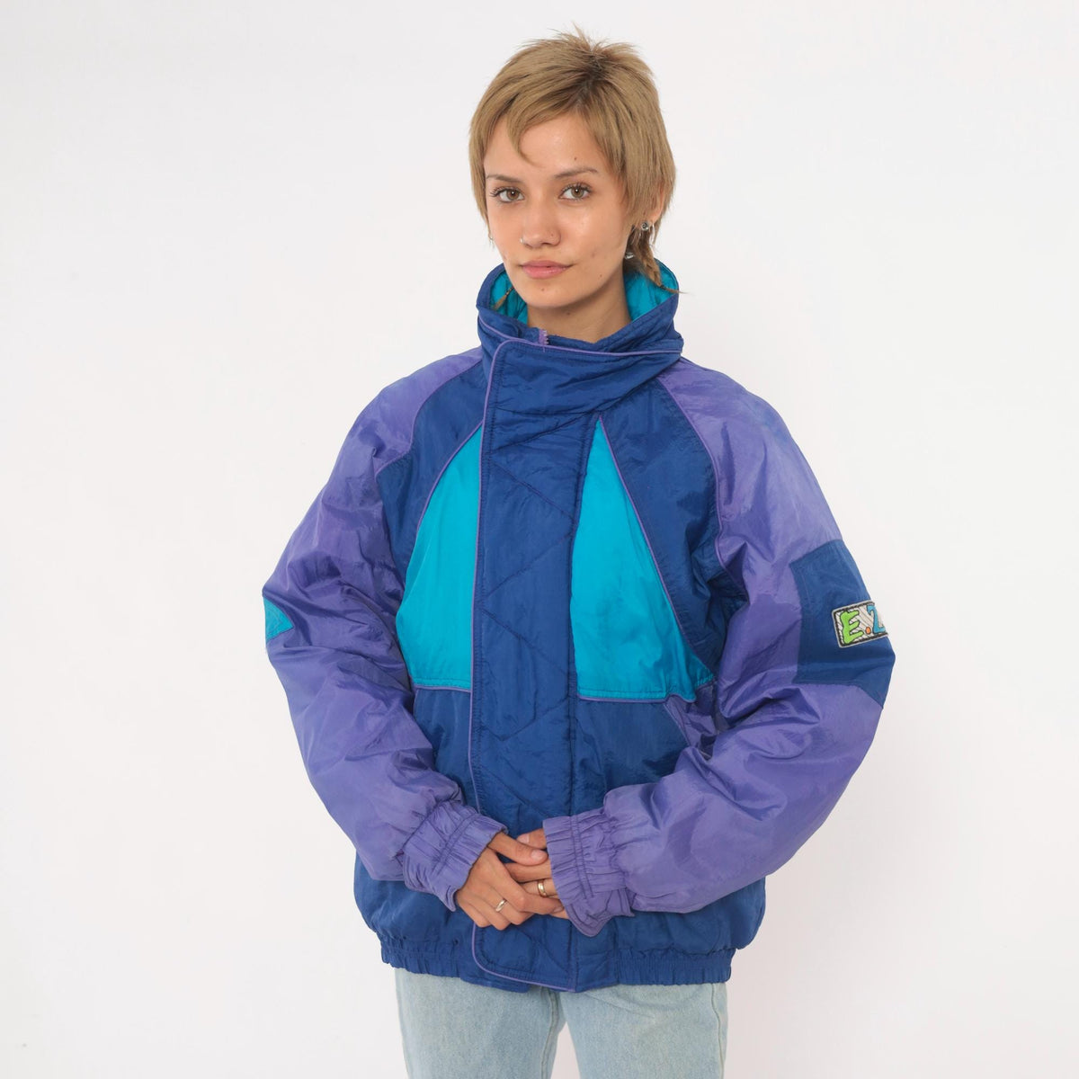 90s EZ Color Block Windbreaker Jacket Blue Purple Teal Quilted Small