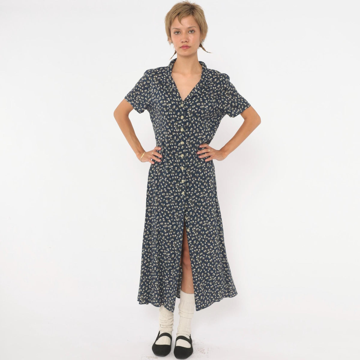 90s Chico's Design Navy Floral Midi Shirt Dress Pearl Buttons Medium M