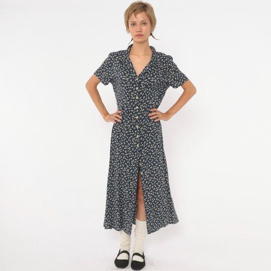 90s Chico's Design Navy Floral Midi Shirt Dress Pearl Buttons Medium M