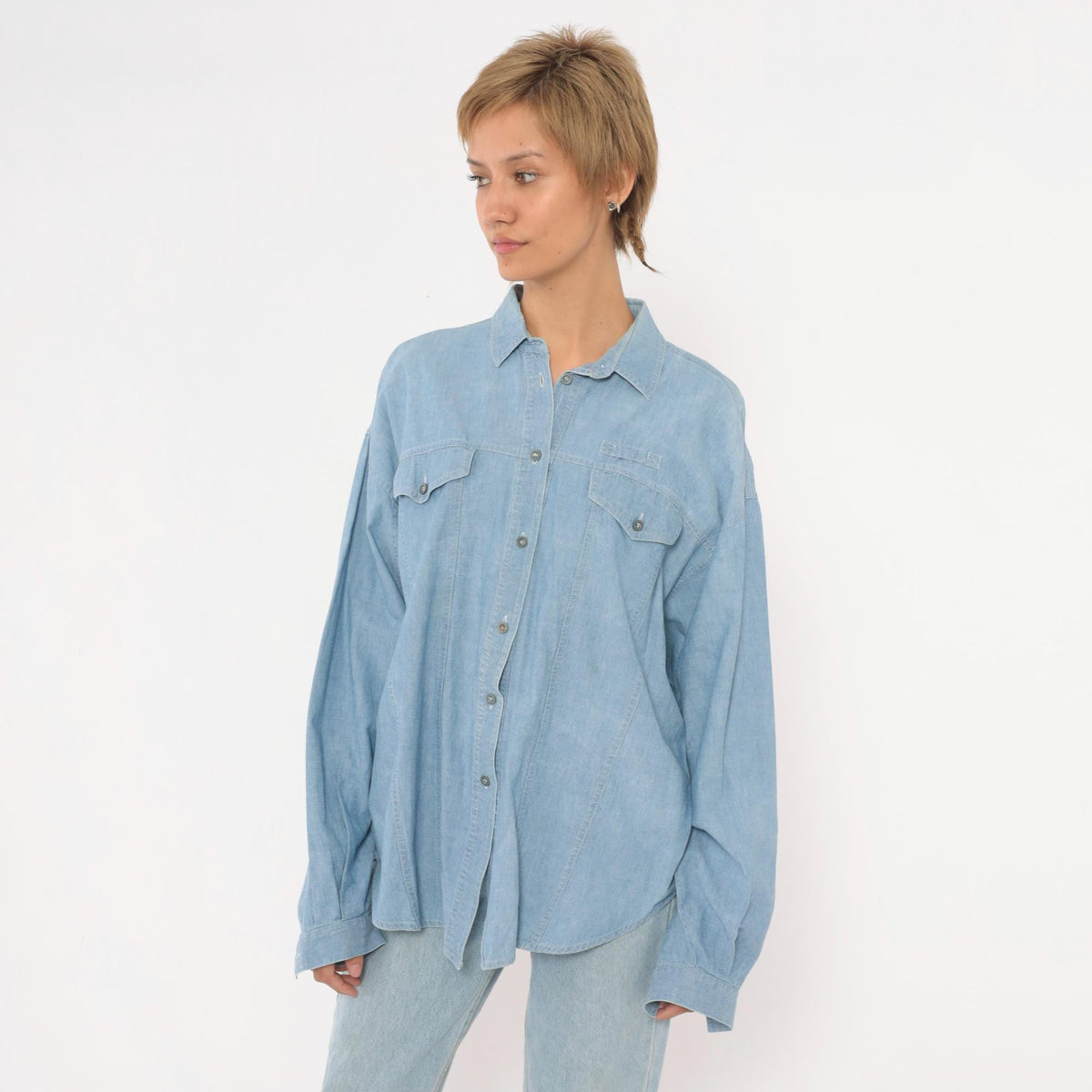 90s Chaussport Chambray Shirt Light Blue Cotton Button-Up Medium M