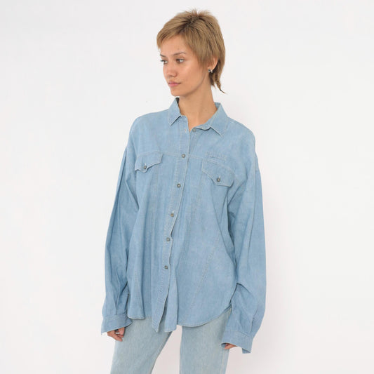 90s Chaussport Chambray Shirt Light Blue Cotton Button-Up Medium M