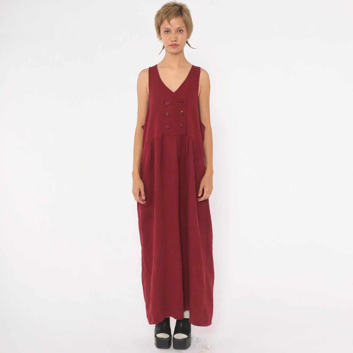 90s Burgundy Maxi Pinafore Dress V Neck Double Breasted Sleeveless Medium M