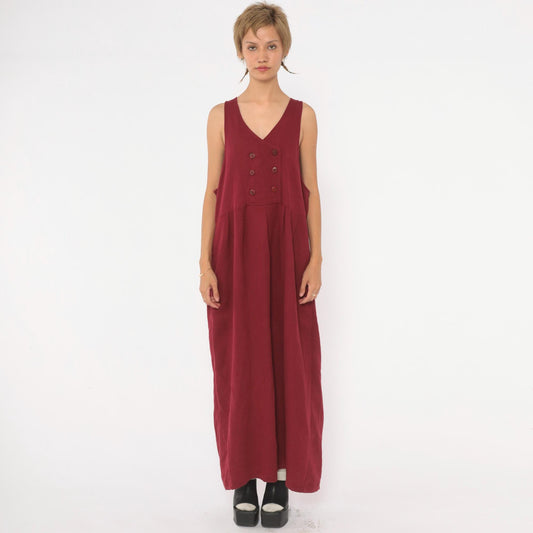 90s Burgundy Maxi Pinafore Dress V Neck Double Breasted Sleeveless Medium M