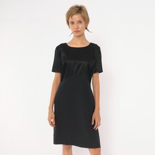 90s Black Satin Bodice Knee-Length Dress Short Sleeve Sheath Medium M