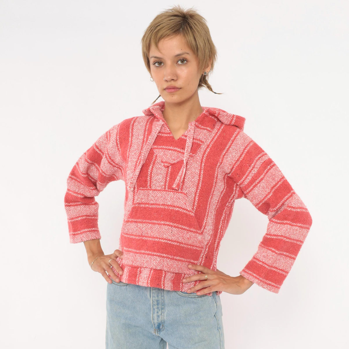 90s Baja Hoodie Coral Pink Striped Woven Cotton Pullover Extra Small XS