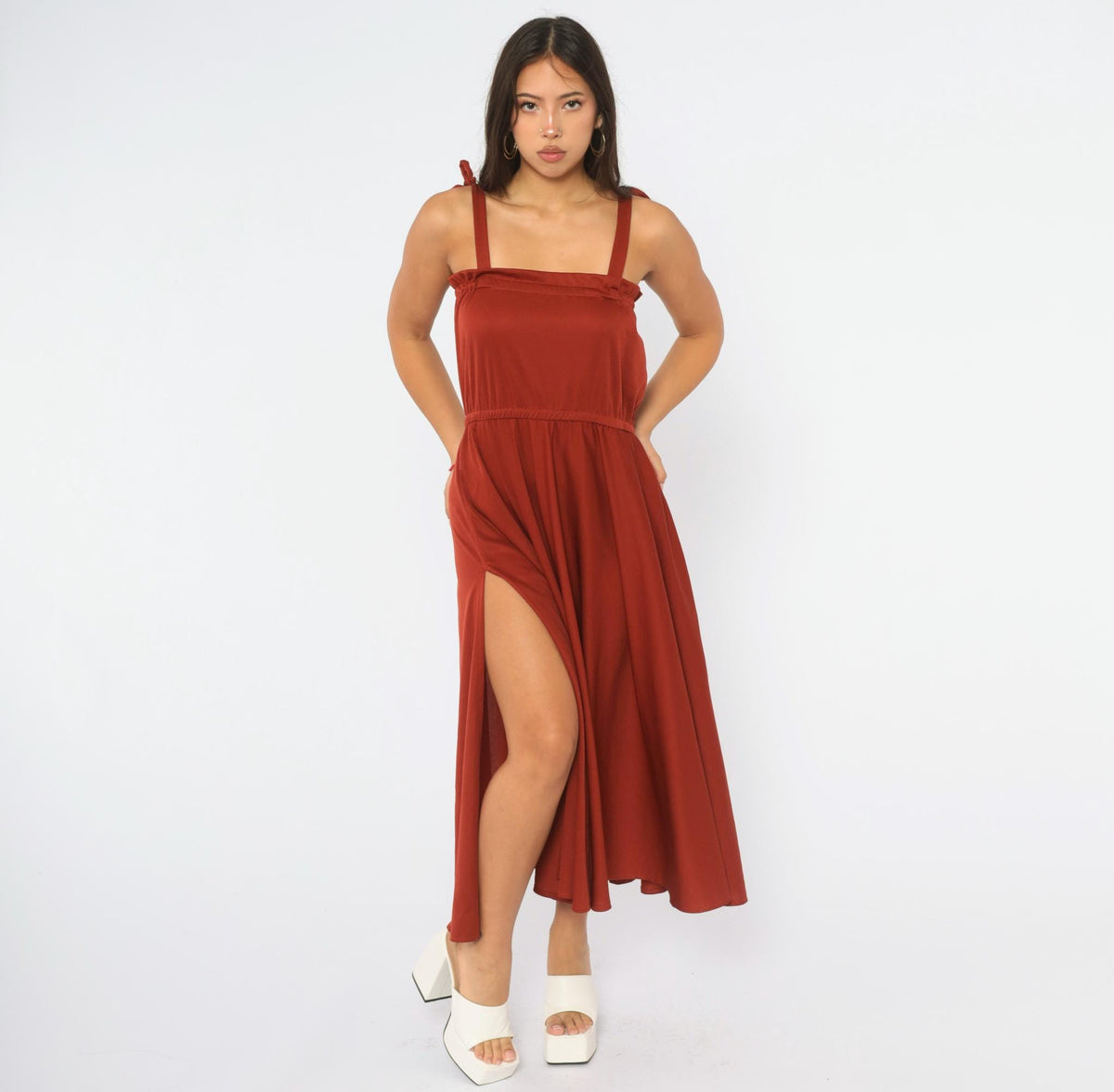 70s Rust Red Midi Dress Tie Shoulder Sleeveless A-Line Full Skirt Small