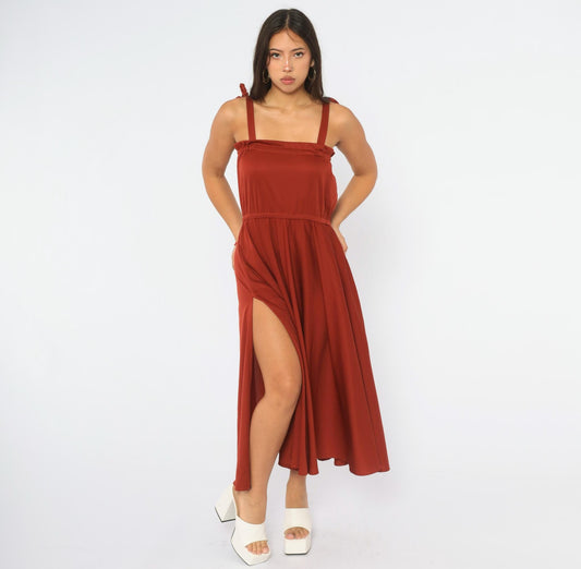 70s Rust Red Midi Dress Tie Shoulder Sleeveless A-Line Full Skirt Small