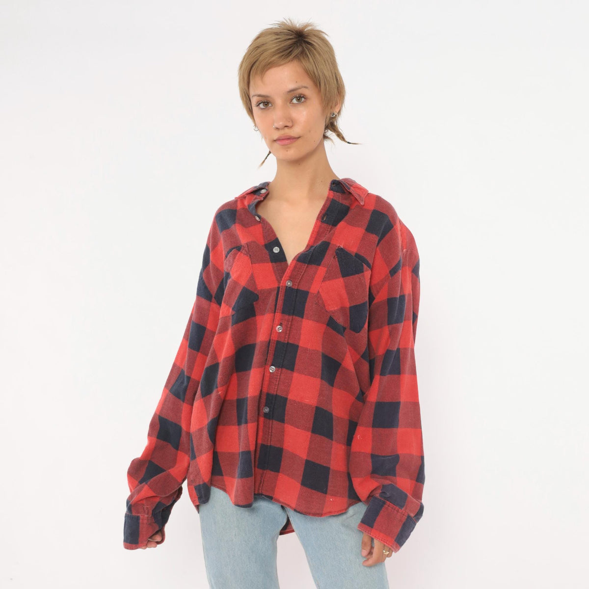 90s Hunter's Lane Buffalo Plaid Flannel Shirt Red Navy Cotton Extra Large