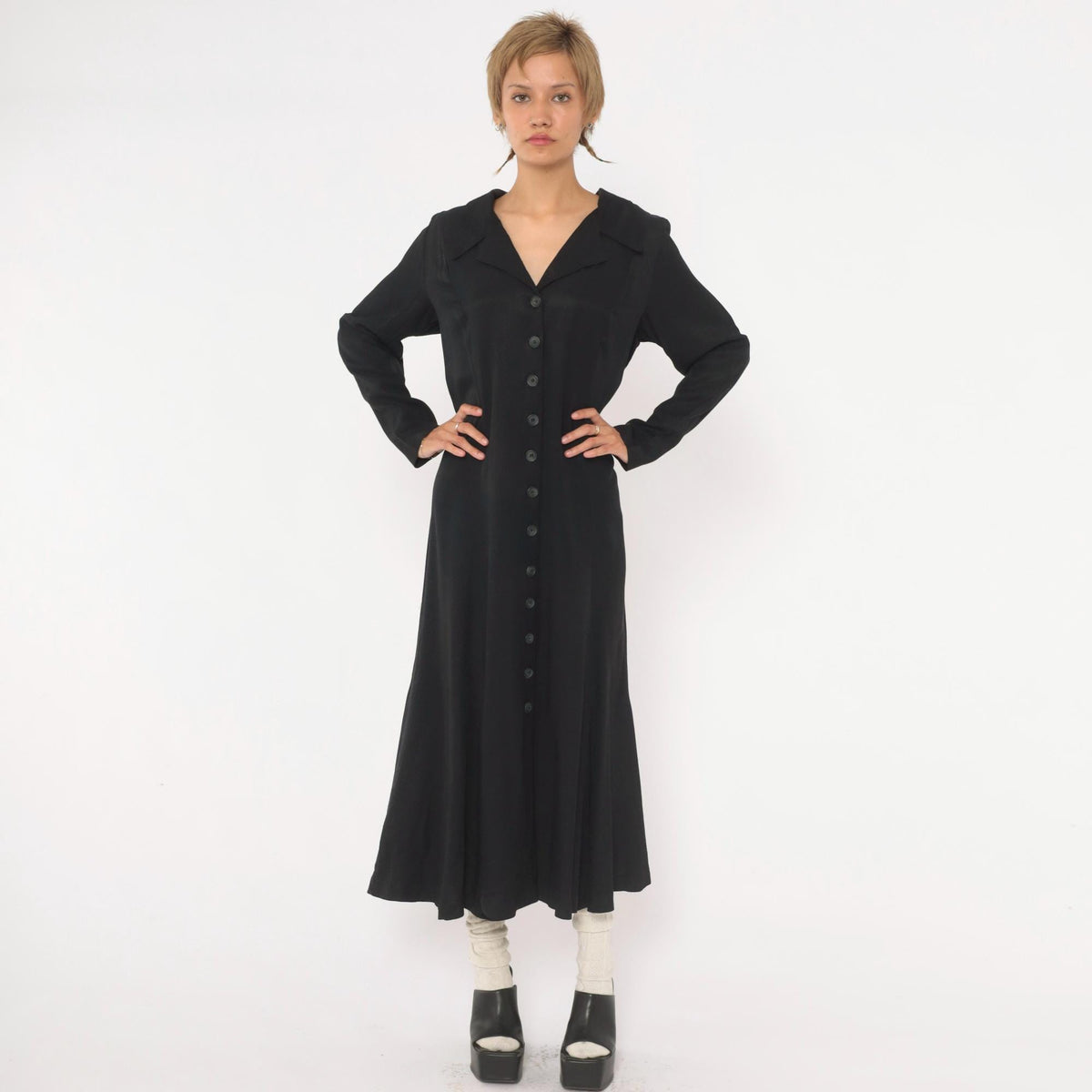 90s Cosmopolitan Black Midi Dress Collared V Neck Corset Lace Up Large L