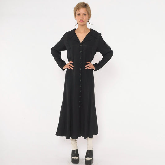 90s Cosmopolitan Black Midi Dress Collared V Neck Corset Lace Up Large L