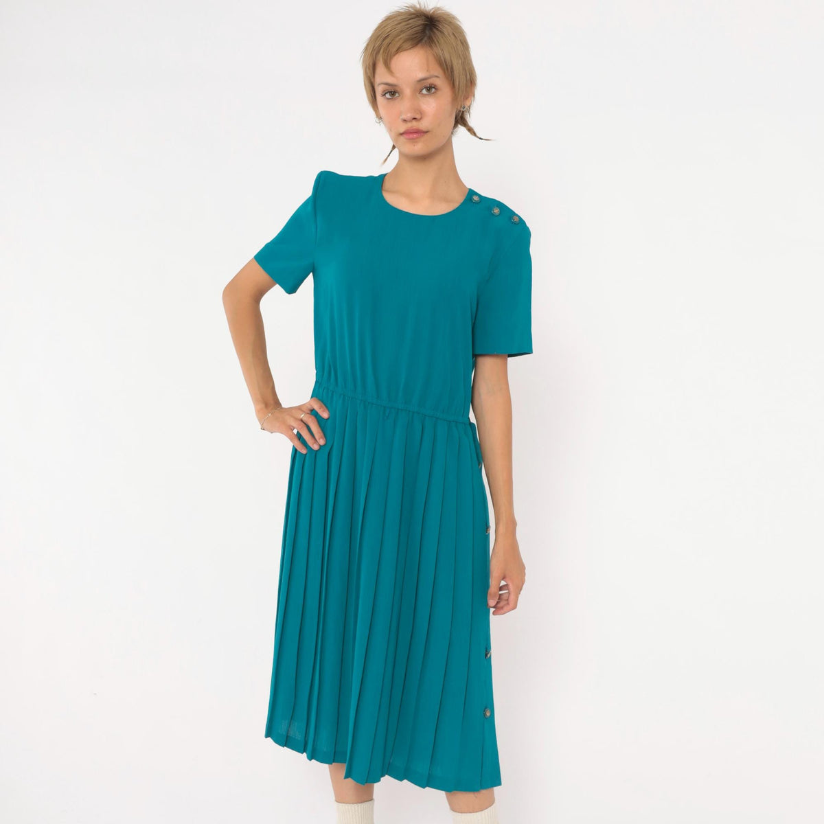 80s Leslie Fay Teal Pleated Midi Dress Shoulder Pads Accordion Skirt Small